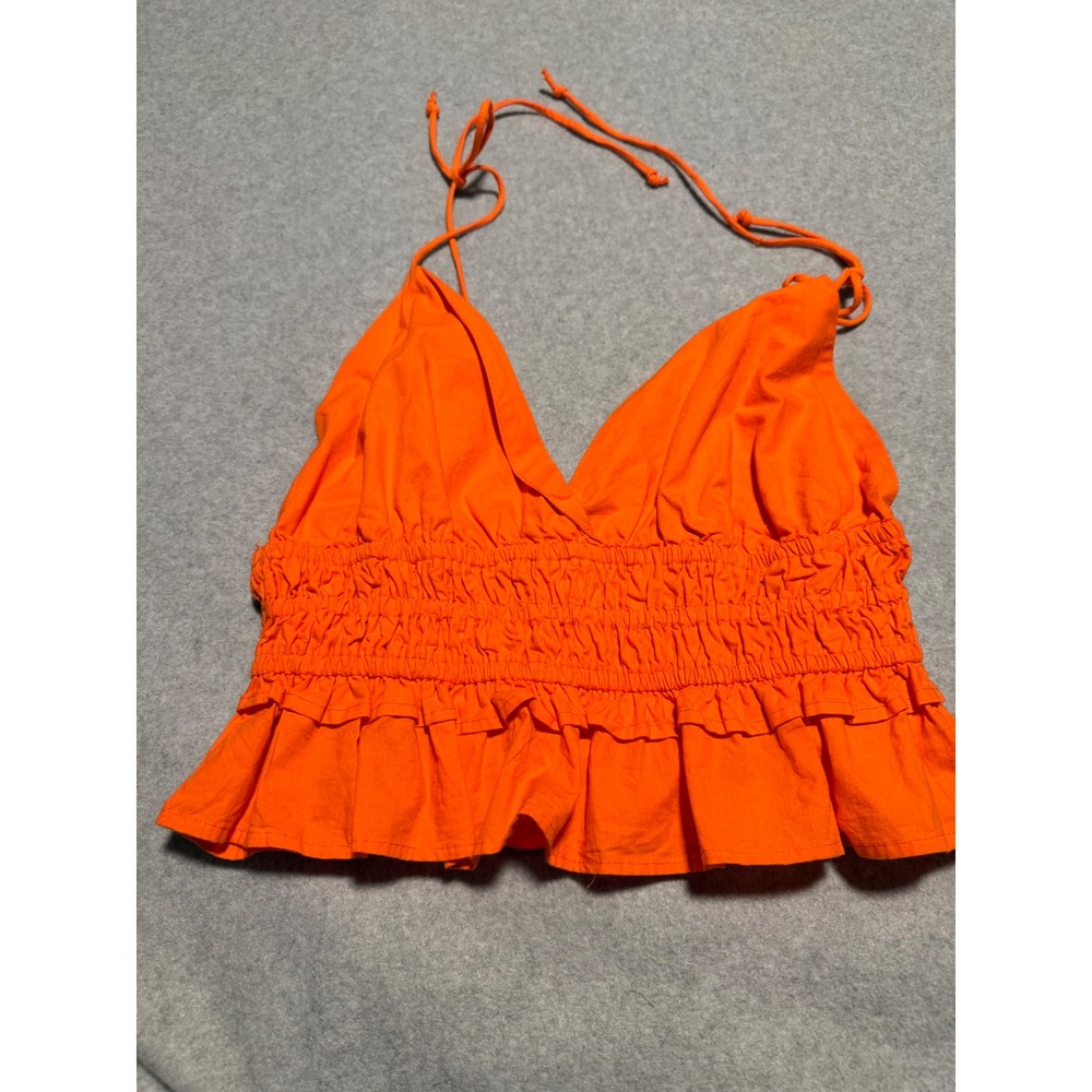 Sim & Sam Orange Smocked Halter Top V-Neck Ruffle Hem Summer Crop Top Medium